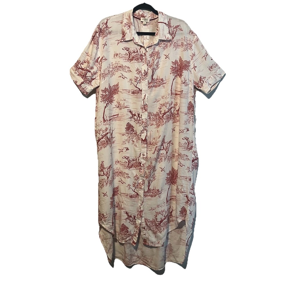 UMGEE Shirt Dress Womens Large Red Toile Equestrian High Low Rayon Midi K8452 L